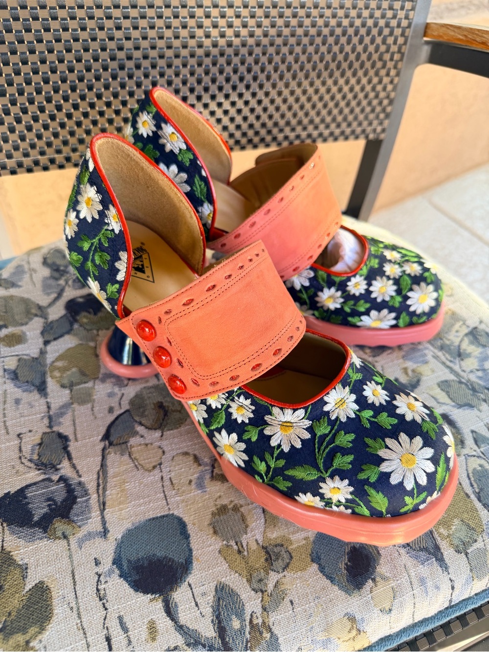 John Fluevog Navy Floral Daisy Mary Janes with Coral Strap - Picture 5 of 6